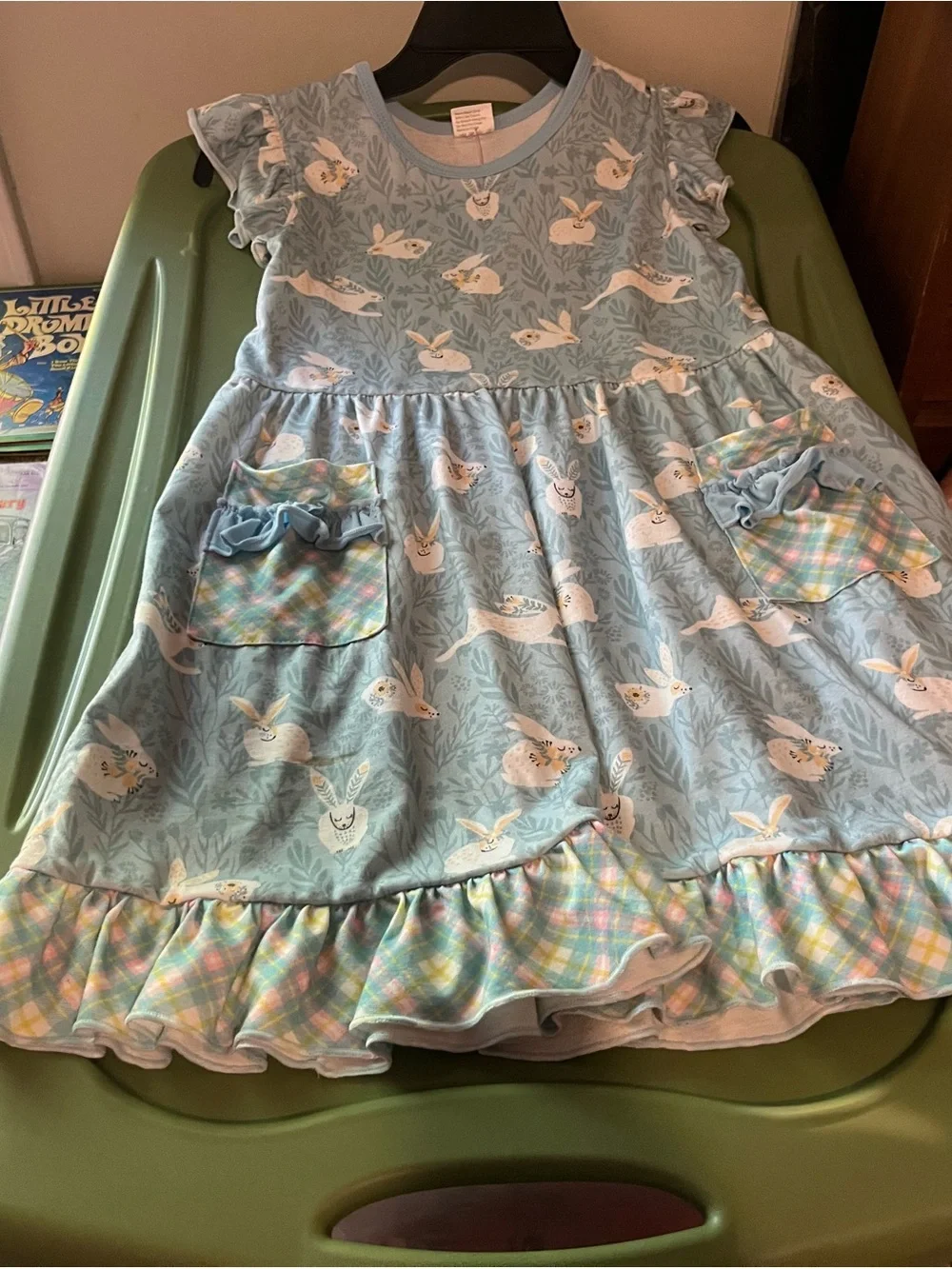 Light Blue Bunny Print Ruffle Hem Kids Dress